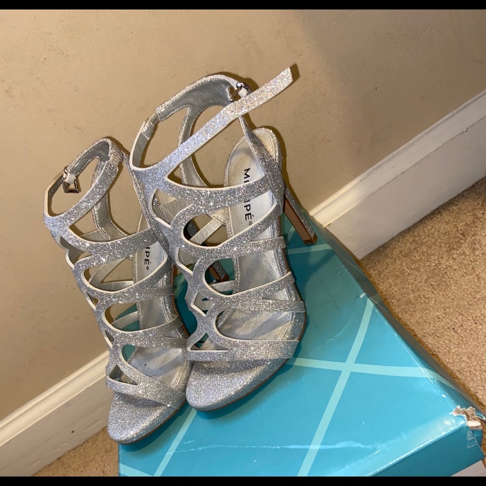 Silver/glitter heels size 5 women’s, size 3 kids